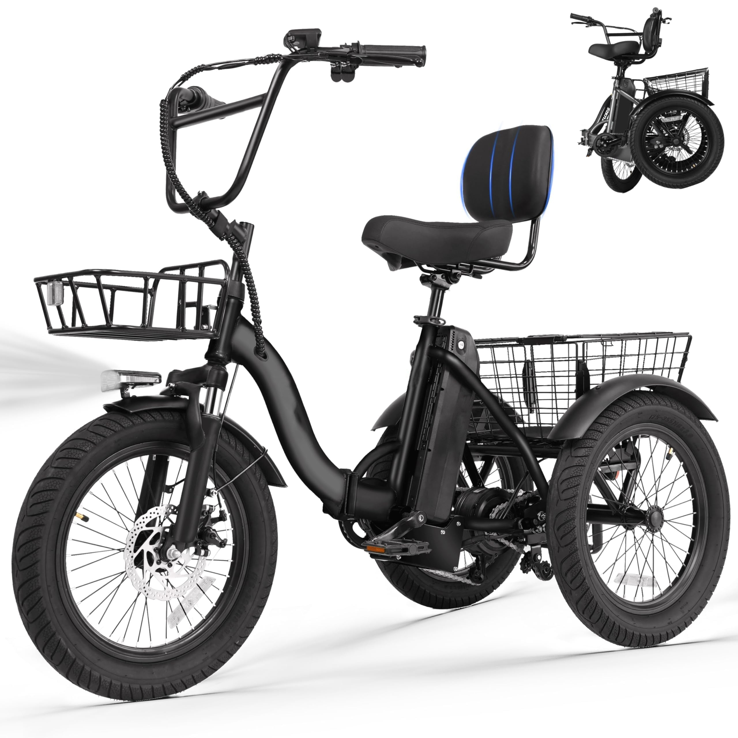 T300 Folding Electric Trike for Adults 1200W Peak 624Wh Fat Tire Step-Through
