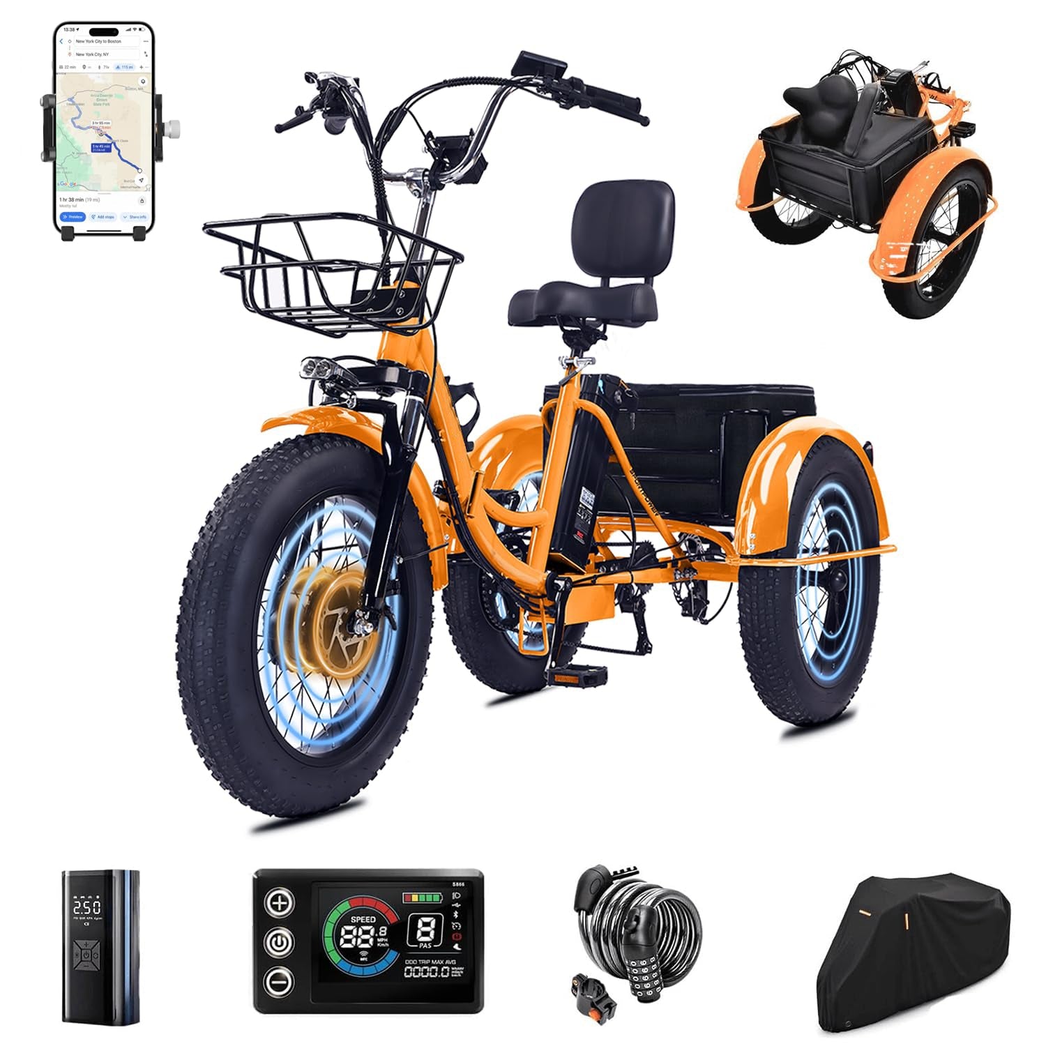 2.0 Folding Electric Trike for Adults 750W 48V 20Ah Fat Tire with Bluetooth Speaker