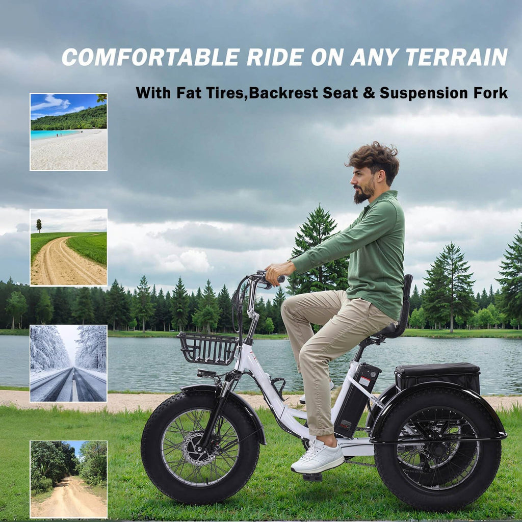 2.0 Folding Electric Trike for Adults 750W 48V 20Ah Fat Tire with Bluetooth Speaker